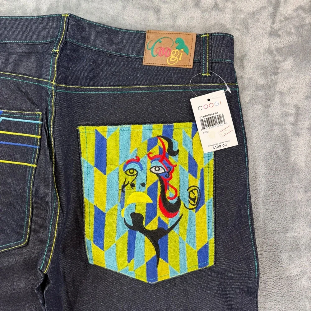 Vintage COOGI Embroidered Straight Jeans Men's 38x34 Dark Blue Denim Pants NEW